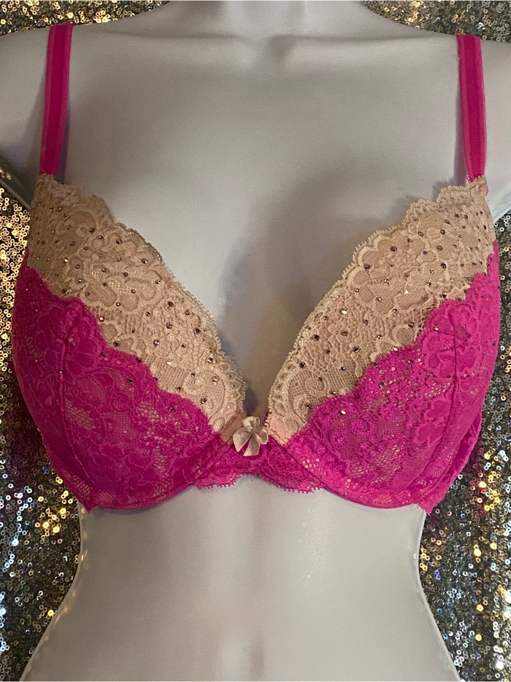 💖Victoria’s Secret Dream Angels Plunge Bra | Hot Pink+Nude Crystal Lace | 38C 💖